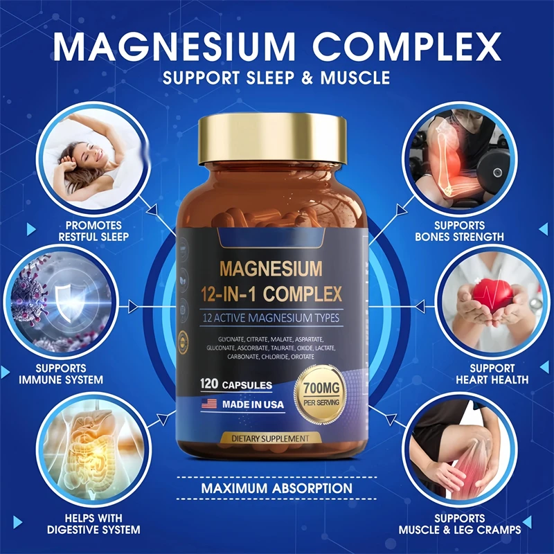 12-in-1 Magnesium Complex Capsules - Muscle Heart Brain Booster Sleep Aid with Glycinate Citrate Malate Oxide Taurate