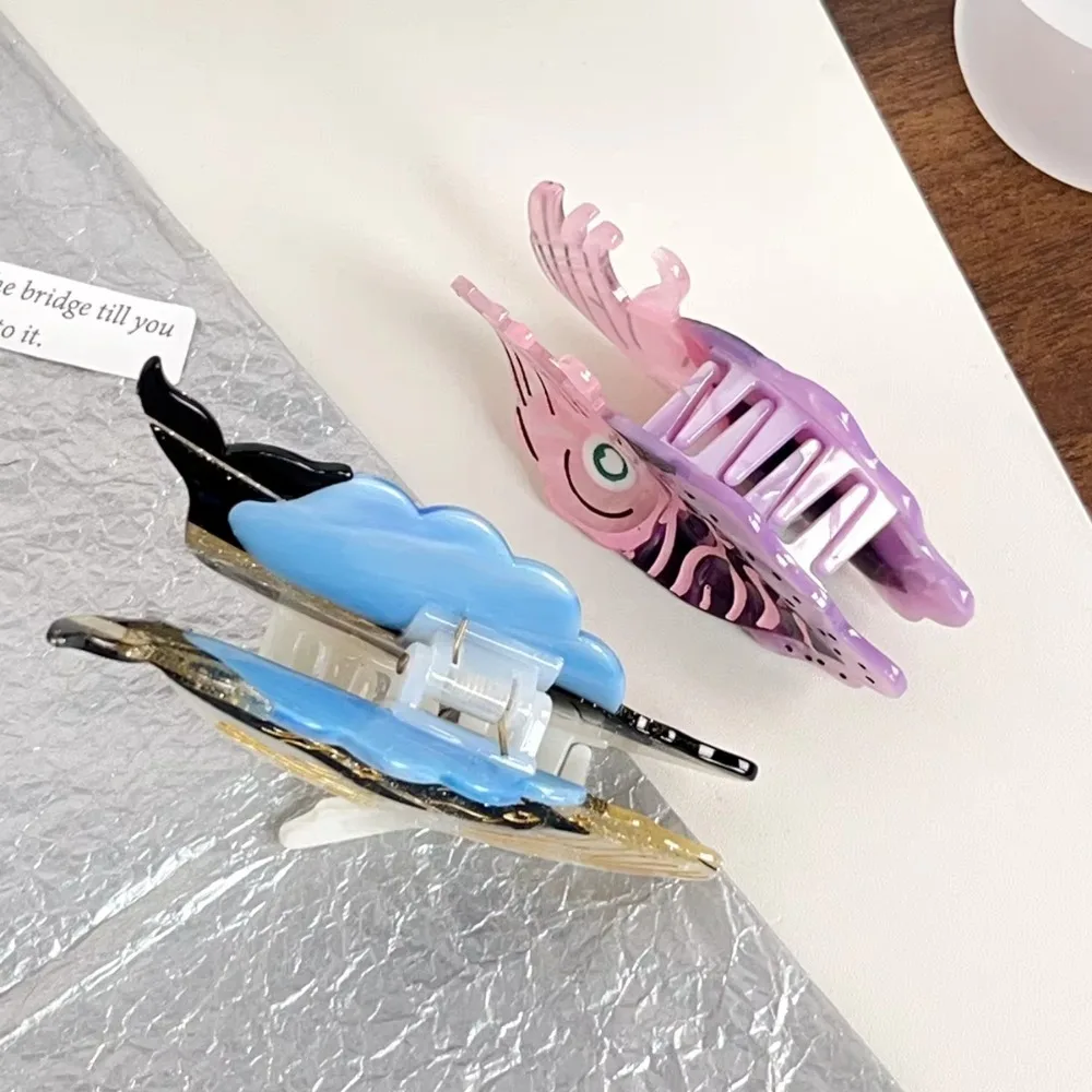 Pinza para el pelo de pez de acetato dulce para trabajo, ácido acético noctilucente, esperma, ballena, tiburón, huevo, serie con diseño marino, pinza para el pelo de animales para playa