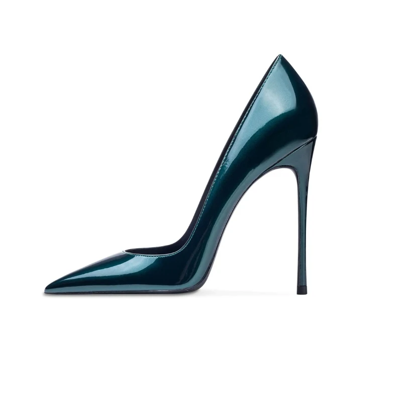 Yuejinlong Elegant Dark Green Patent Leather High Heels Sexy Pointed Toe Shallow Pumps Socialite Party Stiletto Wedding Shoes