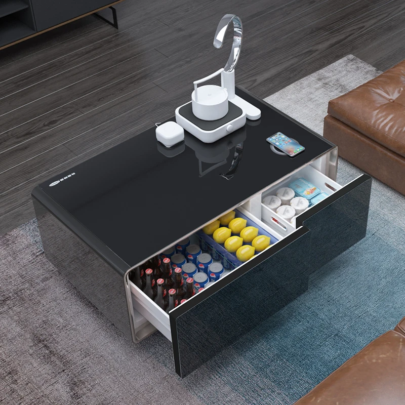 90L Multifunctional Smart Coffee Table Built-in Refrigerator With Wireless Charging Glass Top Living Room Smart Home Storage Fur