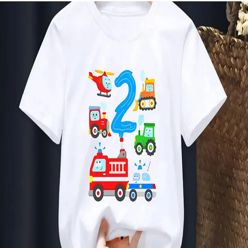 Funny 2nd Birthday Gift For Girls/Boys Car Tractor Graphic Print Tshirt Girls/Boys Cute Kis Clothes Summer Short Sleeve T-Shirt