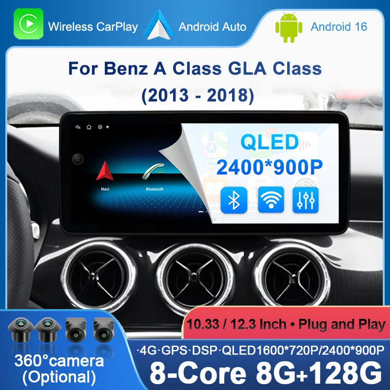 Wireless CarPlay Android 16 Auto Multimedia Touch Screen for Mercedes-Benz A Class 2013 - 2018 GLA Class 2015-2019 Navi GPS