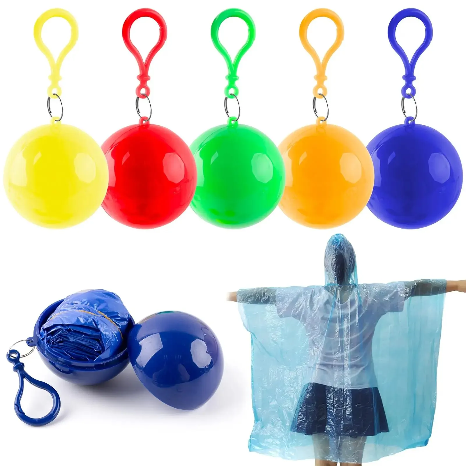 Rain Ponchos Portable Disposable Emergency Raincoats Waterproof Raincoats in Ball with Hook Plastic Travel Rain Poncho Outdoor