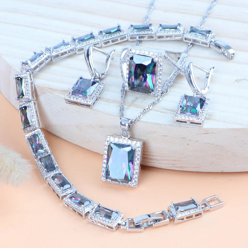 Natural 925 Silver Brdal Jewelry Sets Magic Rainbow Zircon Earrings Bracelet Ring Pendant Necklace Wedding Jewelry Set For Women