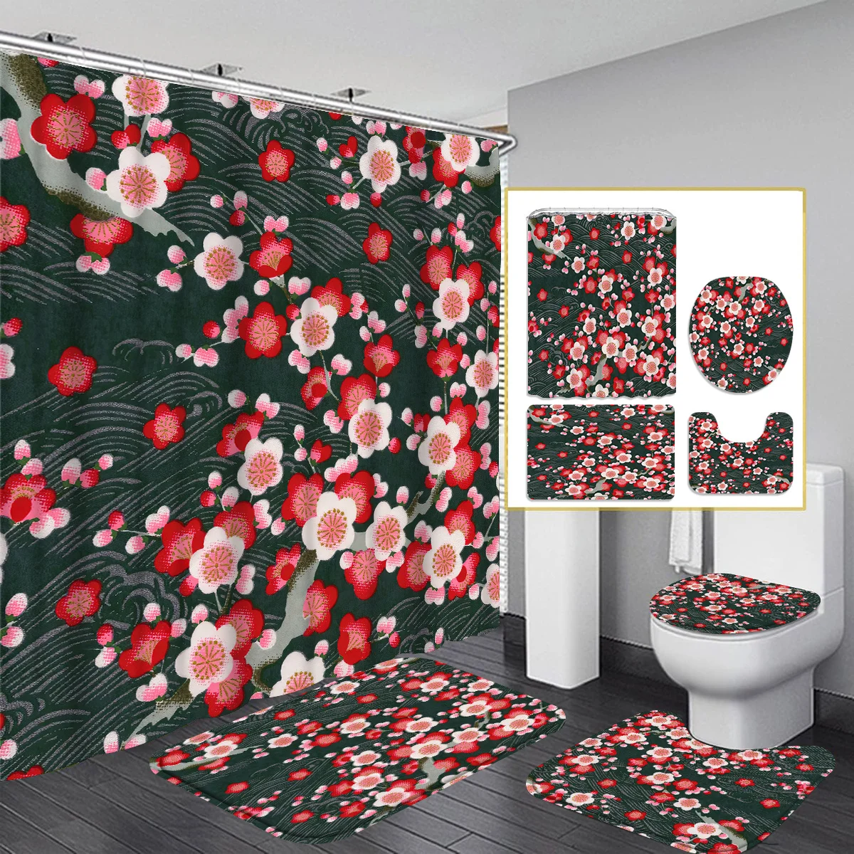 

Набор занавесок для душа с цветком сливы, 4 шт., моющийся полиэстер, декор для ванной комнаты, нескользящий коврик для ванной, крышка крышки унитаза и U-образный коврик
