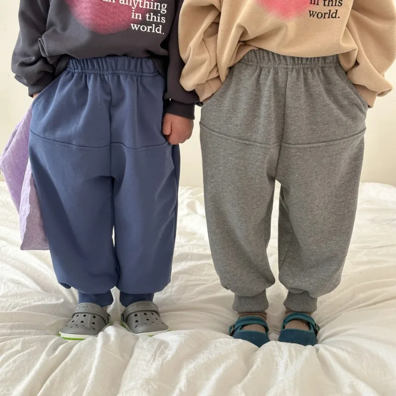 

2024 Spring Boys and girls solid color sweatpants children sodt loose sports trousers