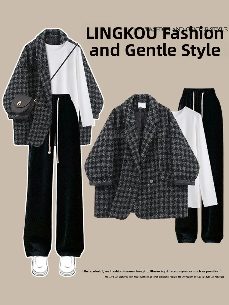 

plus Size Women's Autumn Profional Outfit Slimming Concealing Plaid Jaet Sweatirt Wide Leg Pants Tee Piece Set