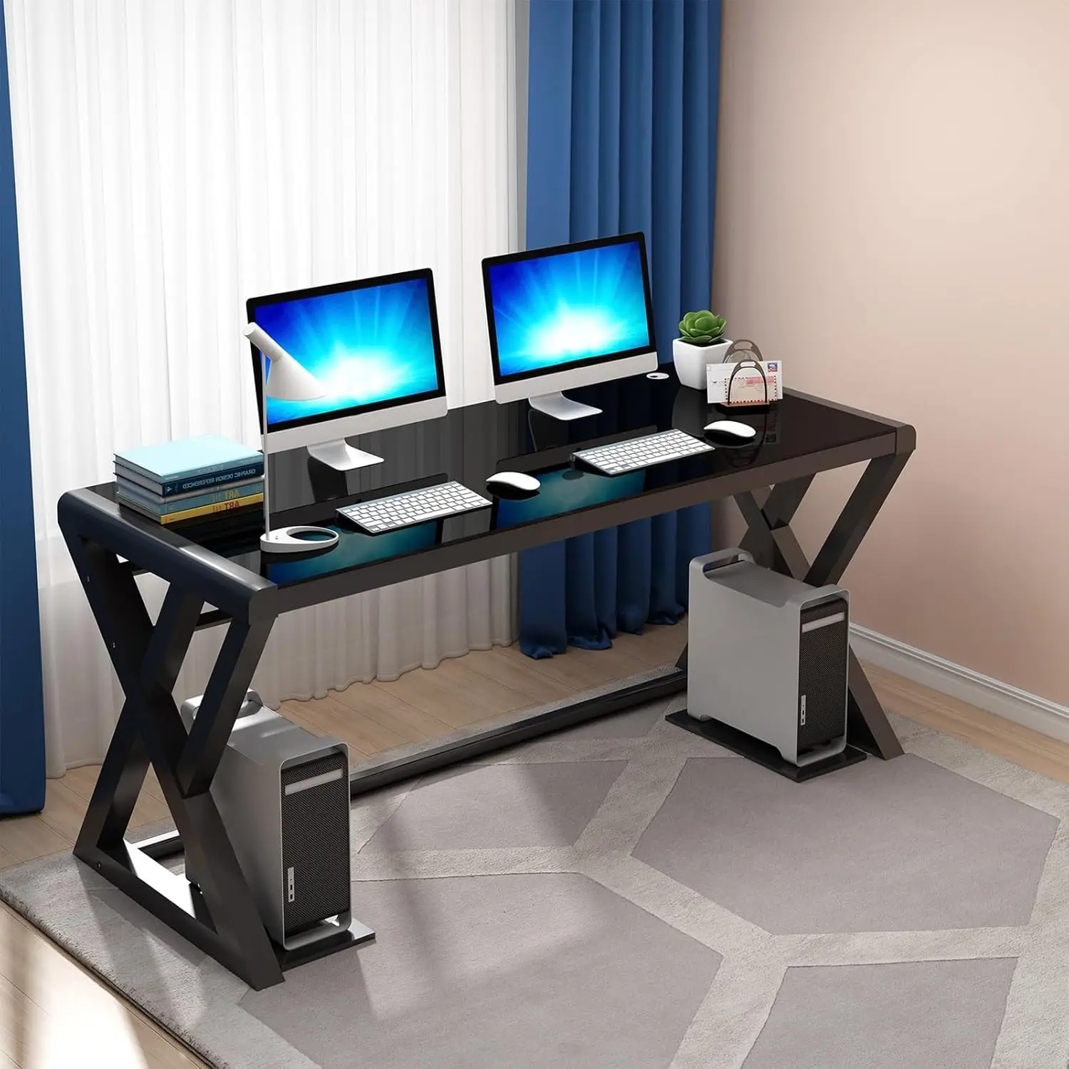 Modern Black Glass Computer Desk for Home Office