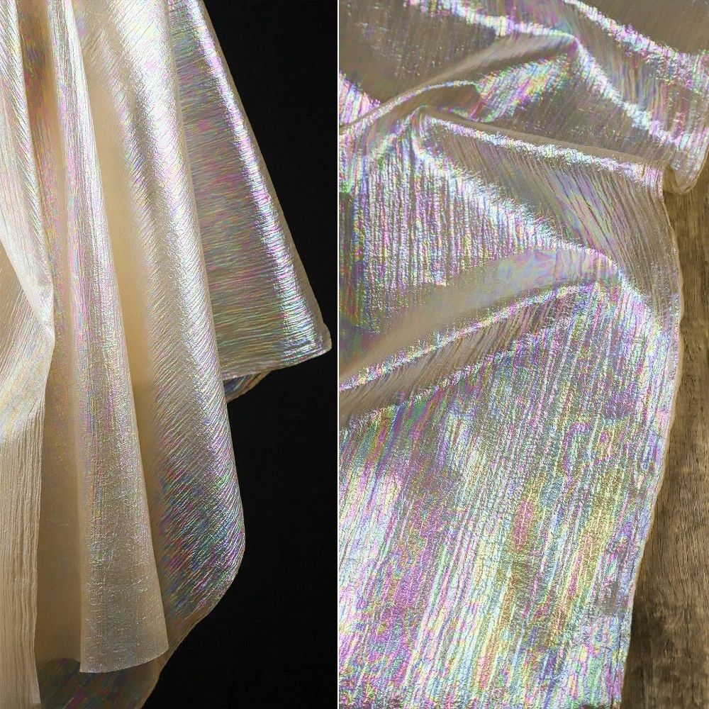 Beige-Camel Gradient Iridescent Tulle | Laser Dyed Wrinkled Fabric for Performance Costumes & Skirts