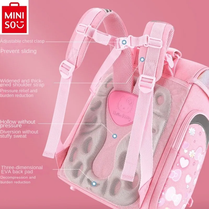 MINISO-Mochila Hello Kitty Student Spinal Protection, Redução de Carga Respirável, Leve, Grande Capacidade de Armazenamento