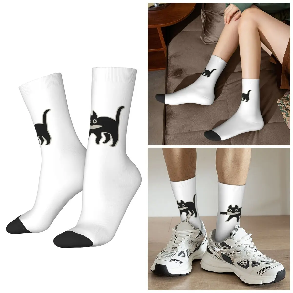 

All Seasons Black Cat Eating Fish Japanese Style Socks Harajuku Sport Middle Tube Socks Sweat Absorbing Stockings for Men Women