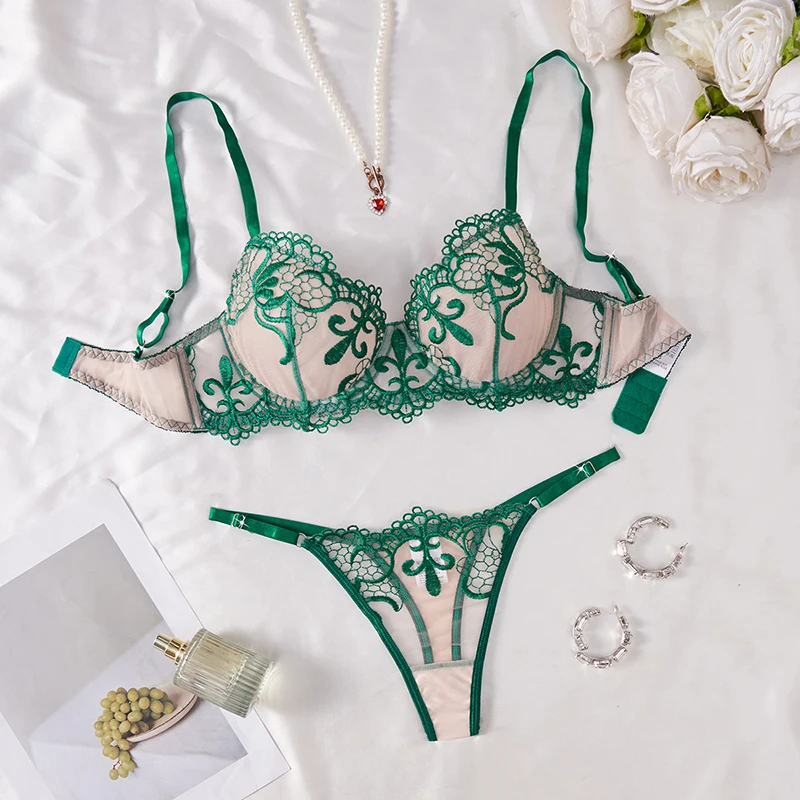 

Sexy Lingerie Delicate Embroidery Women's Underwear Green Tulle Lingerie Set Push Up Bra Boudoir Intimate See Through Erotic Set