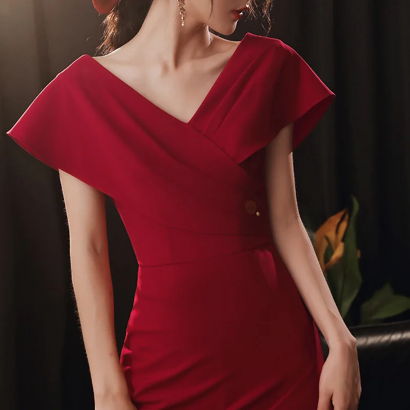 Vestido de noiva vermelho com decote em v, costas nuas, temperamento, banquete, vestido de noite, vestidos irregulares, estilo longo, vestidos de fiesta