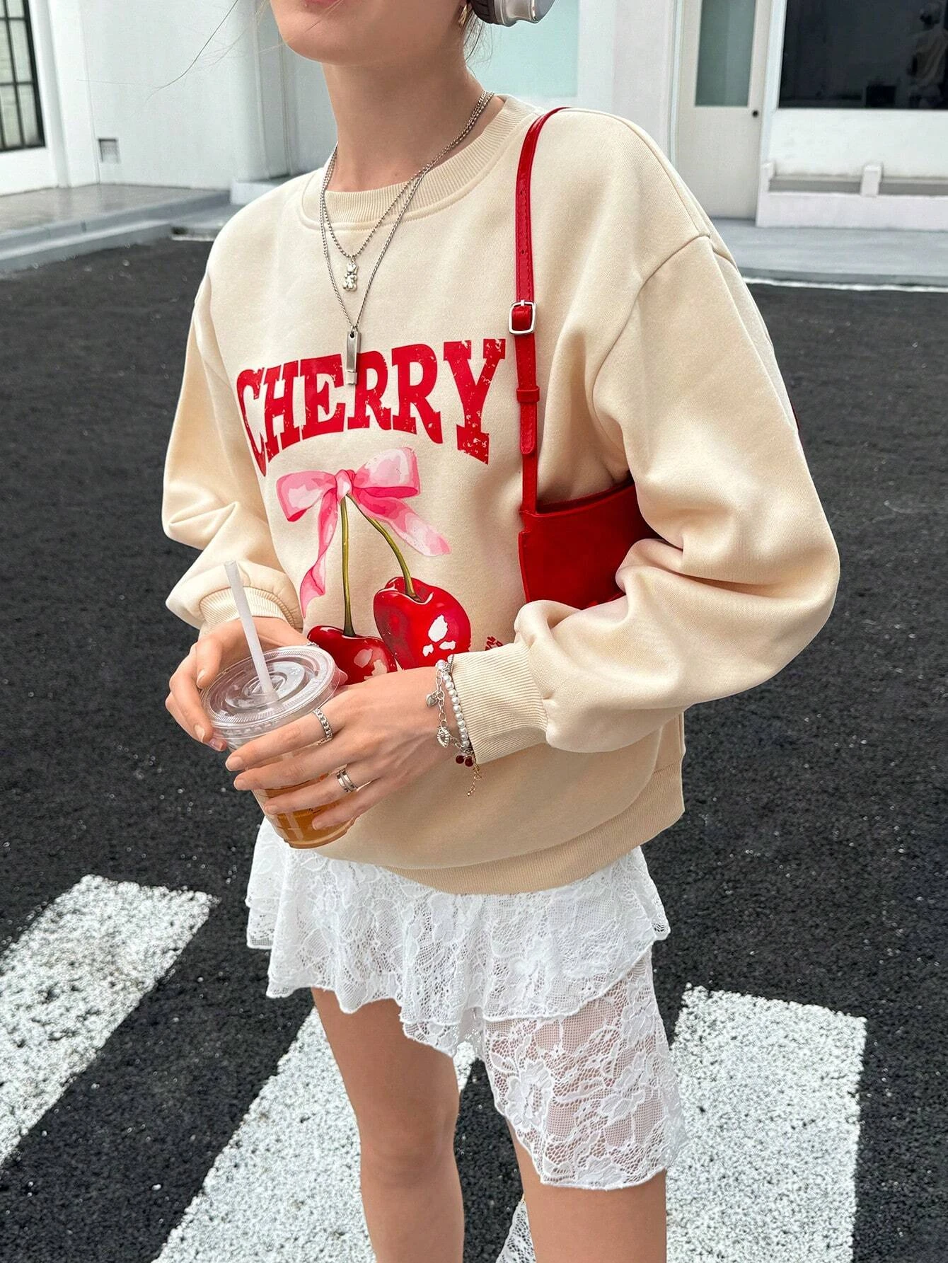 Cherry Fruit  Cartoon Print Sweatshirt Casual Fleece Long Sleeve Trendy Oversized Pullovers Autumn Y2K All-Match Sweatshirts