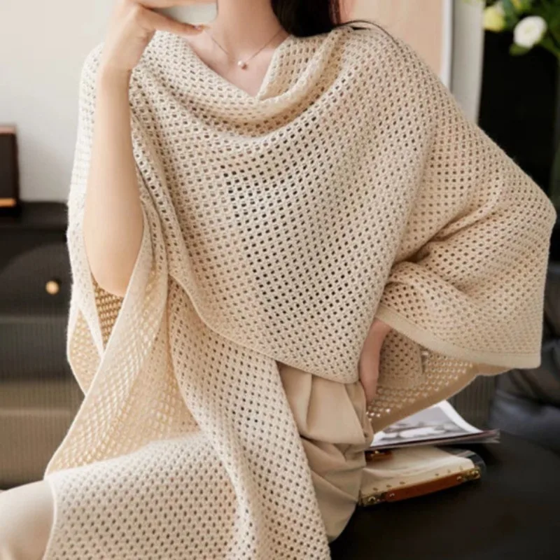 2026 Autumn Cloak Blouse Women's Solid Color Knitted Cardigan with Hollow Scarf Dual-purpose Knitted Air Conditioning Shirt Tide