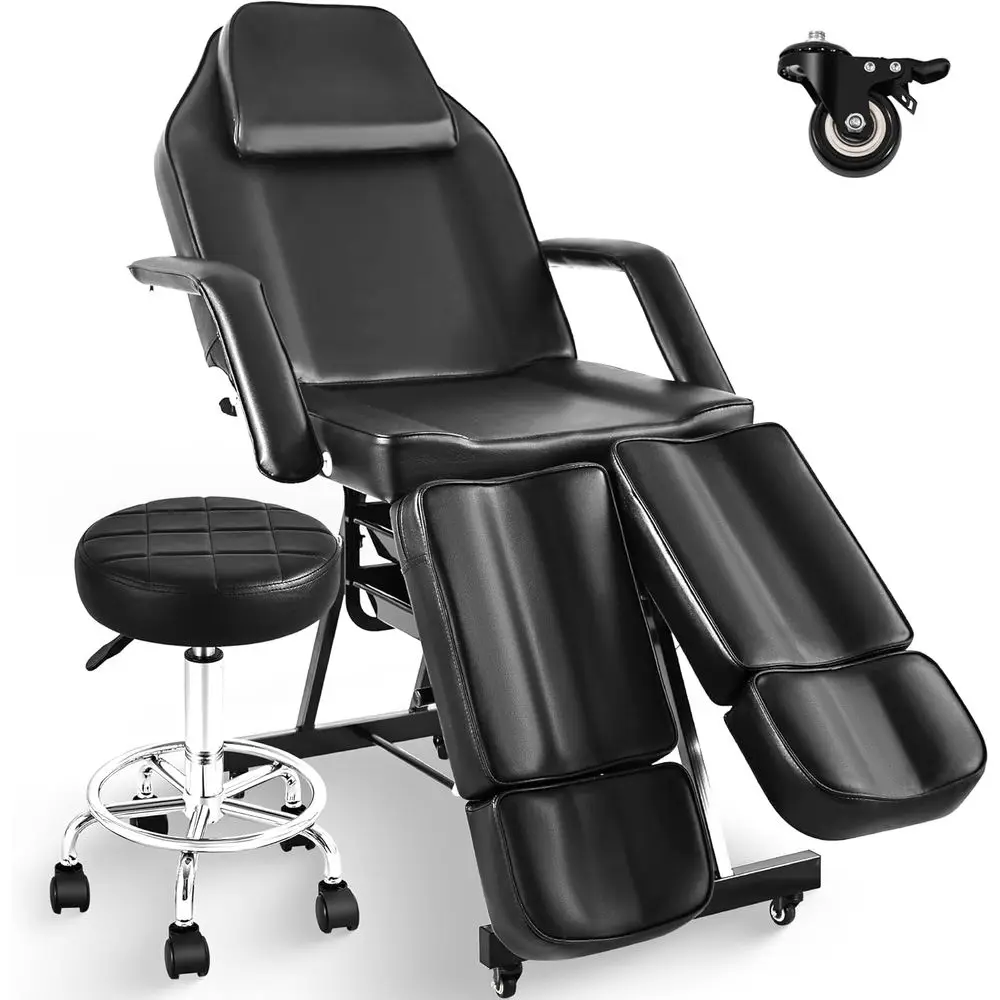Black Tattoo Chair or Client with Rolling stools on Wheels, Tattoo Bed Table with Split Legs, oldable acial Spa Esthetician Chai