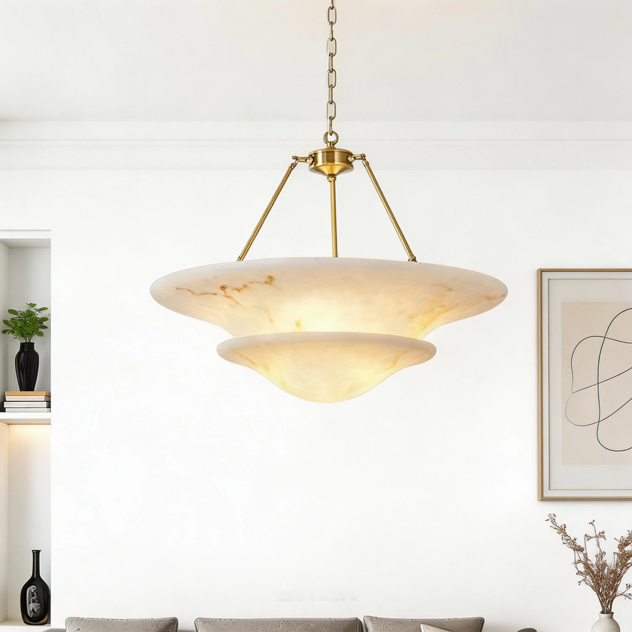 

French Country Style Chandelier Faux Onyx Stone Shade And Wrought Iron Body Fish Line Suspension For Villa And Hotel Dining Room