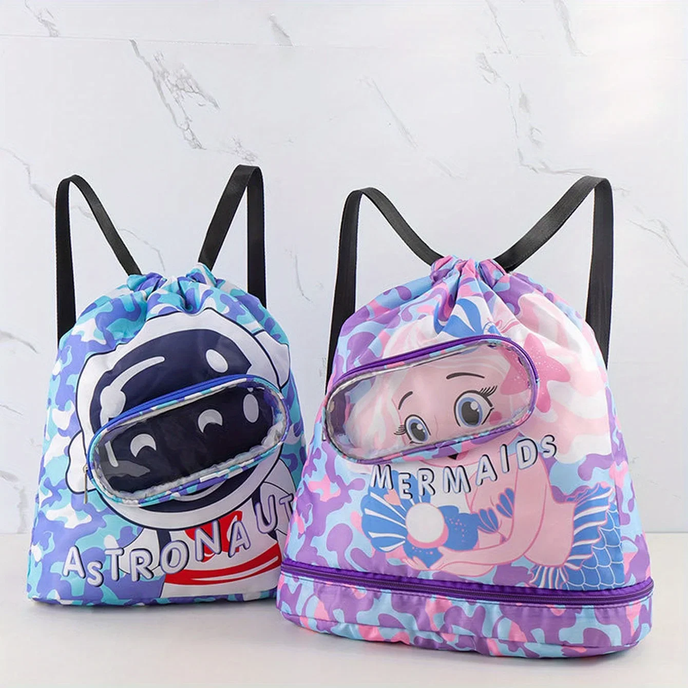 Children's Swimming Bag Dry and Wet Separation Beach Drawstring Bag for Kids with Shoes Compartment Waterproof Cartoon Backpack