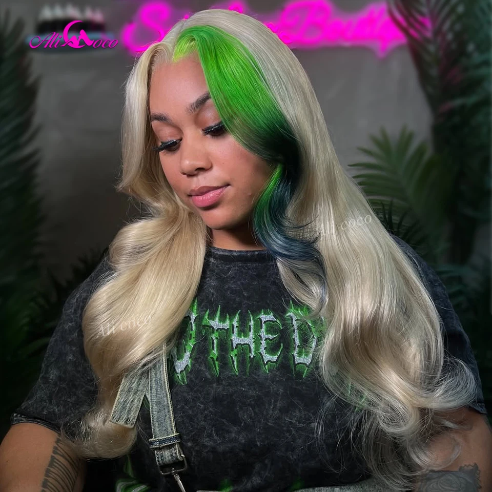 

Piece of Green Highlight Body Wave 13x6 Lace Front Wig Brazilian Human Hair Wig Ombre Green Colored Pre Plucked for Women