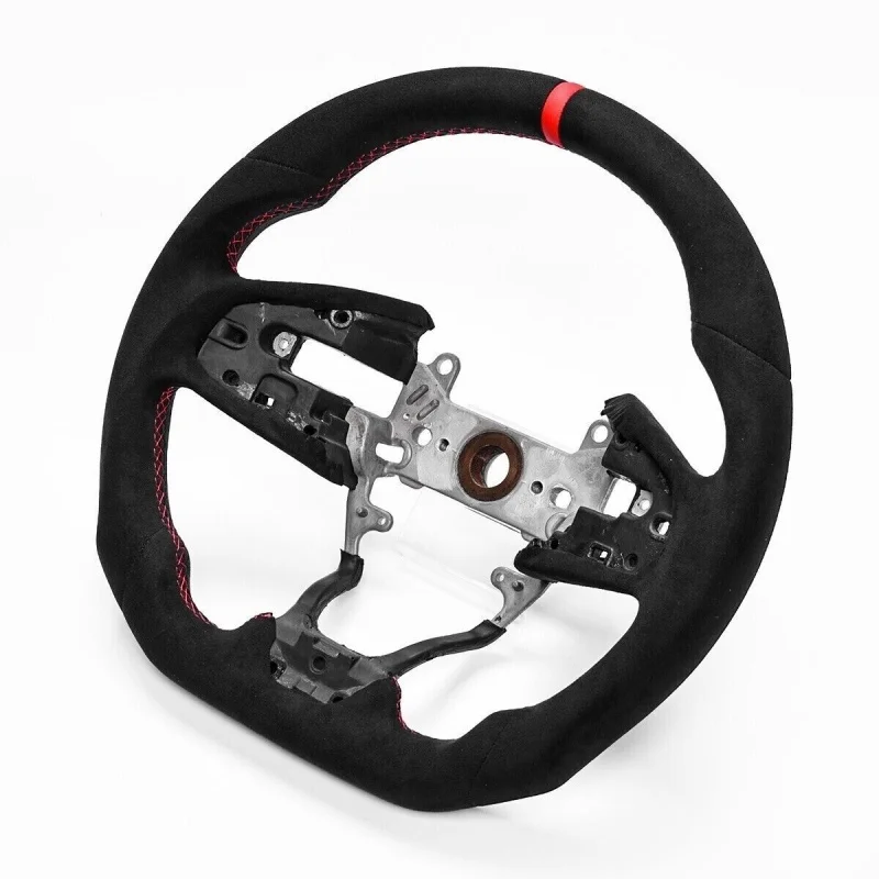Full Suede Steering Wheel Compatible with Honda Civic Type R Style, Red Flat Top Position Marker Line Sport Modified Steering Wh