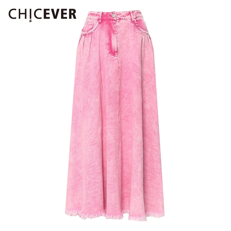 

CHICEVER розовая юбка с необработанными краями для женщин, длинные джинсовые юбки с высокой талией в стиле пэчворк на молнии, женская весенняя мода