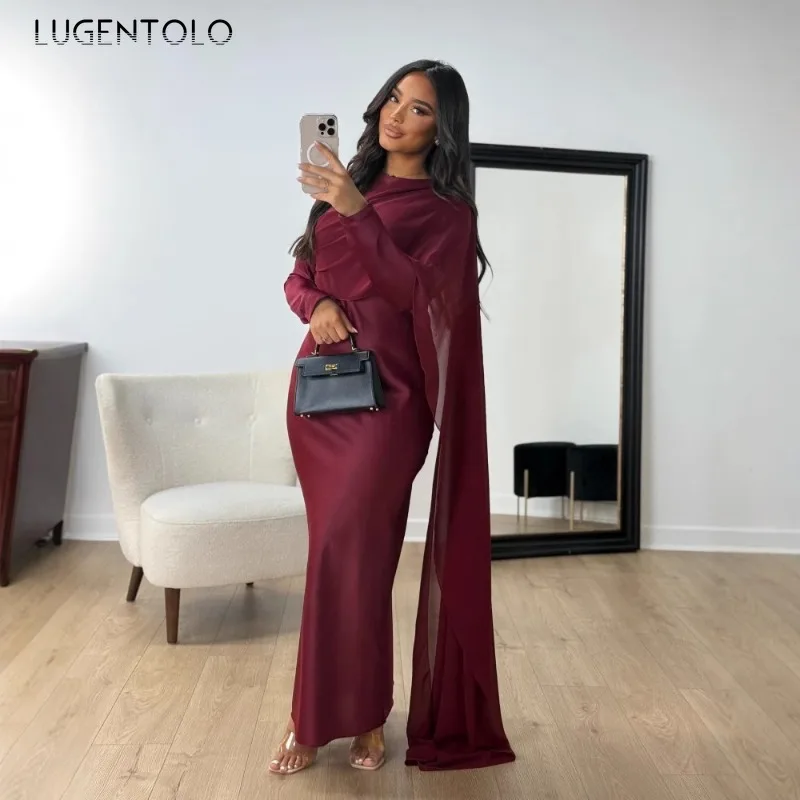 Women Satin Chiffon Dress Cocktail Party Package Hip Sexy Lady Banquet Middle East Elegant Solid Long Sleeve Clothing