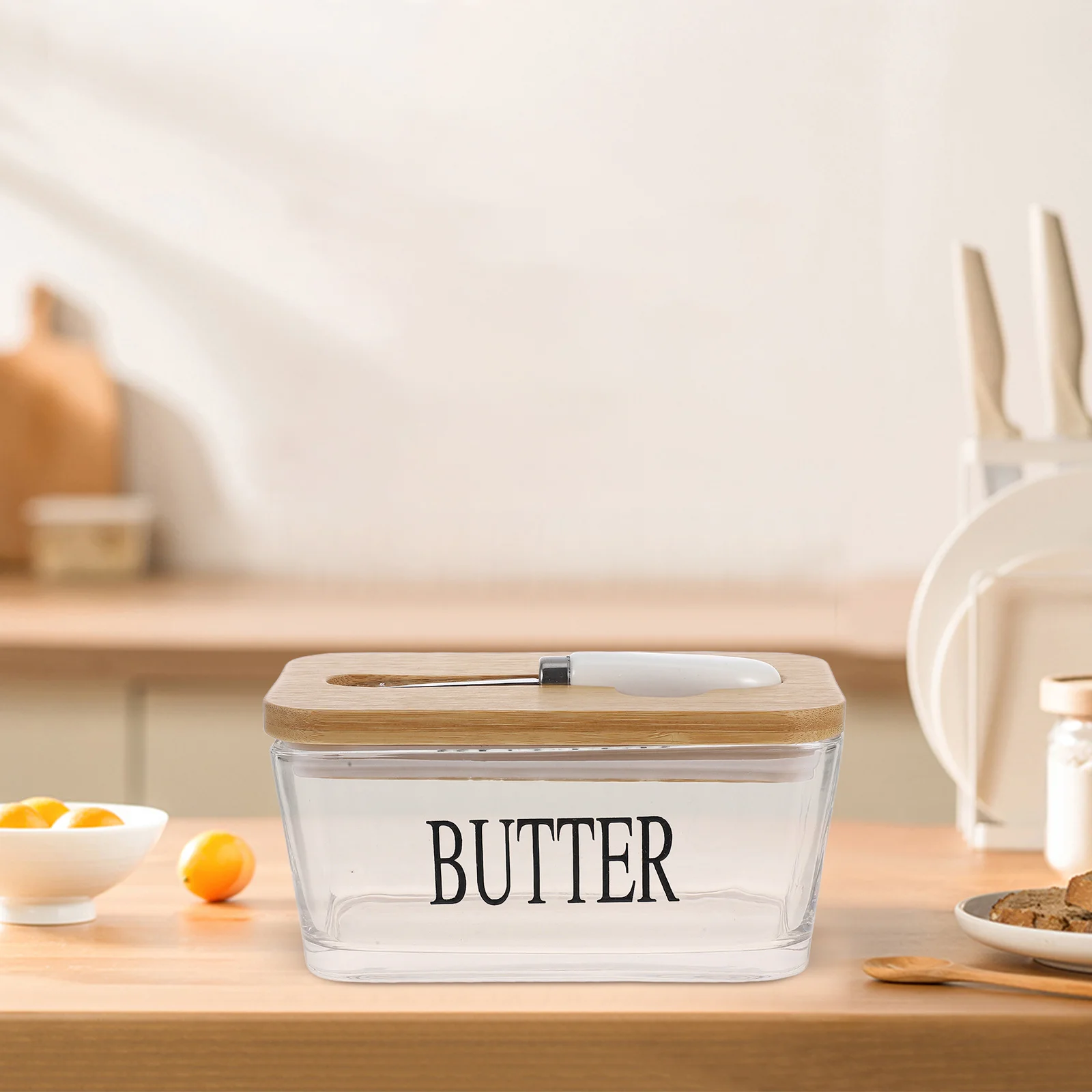 

1Set Glass Butter Keeper Bamboo Lid Airtight Seal Transparent Design with Knife for Longlasting Freshness Butter Cheese Storage