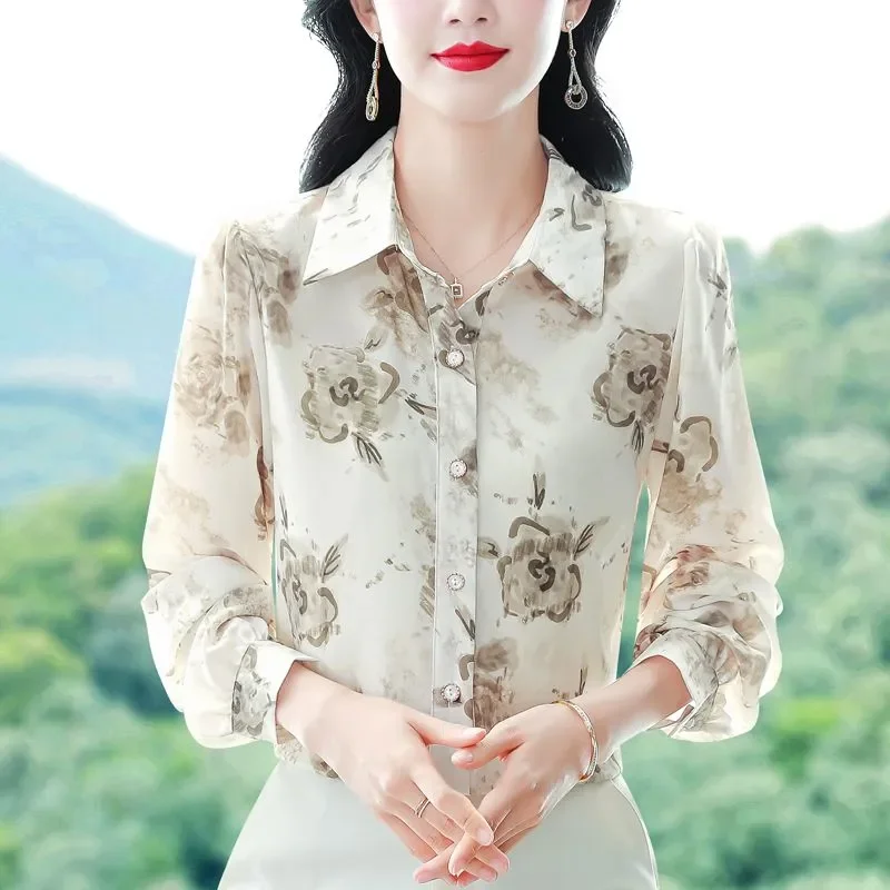 

Women's Spring Autumn Long Sleeve Blouse Point Collar Button Down Ink Wash Floral Satin Top