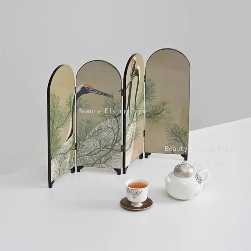 1pc Chinese Mini Folding Screen, Wooden Double-sided Printed Screen, Desktop Partition, Home Decoration, Decorative Crafts