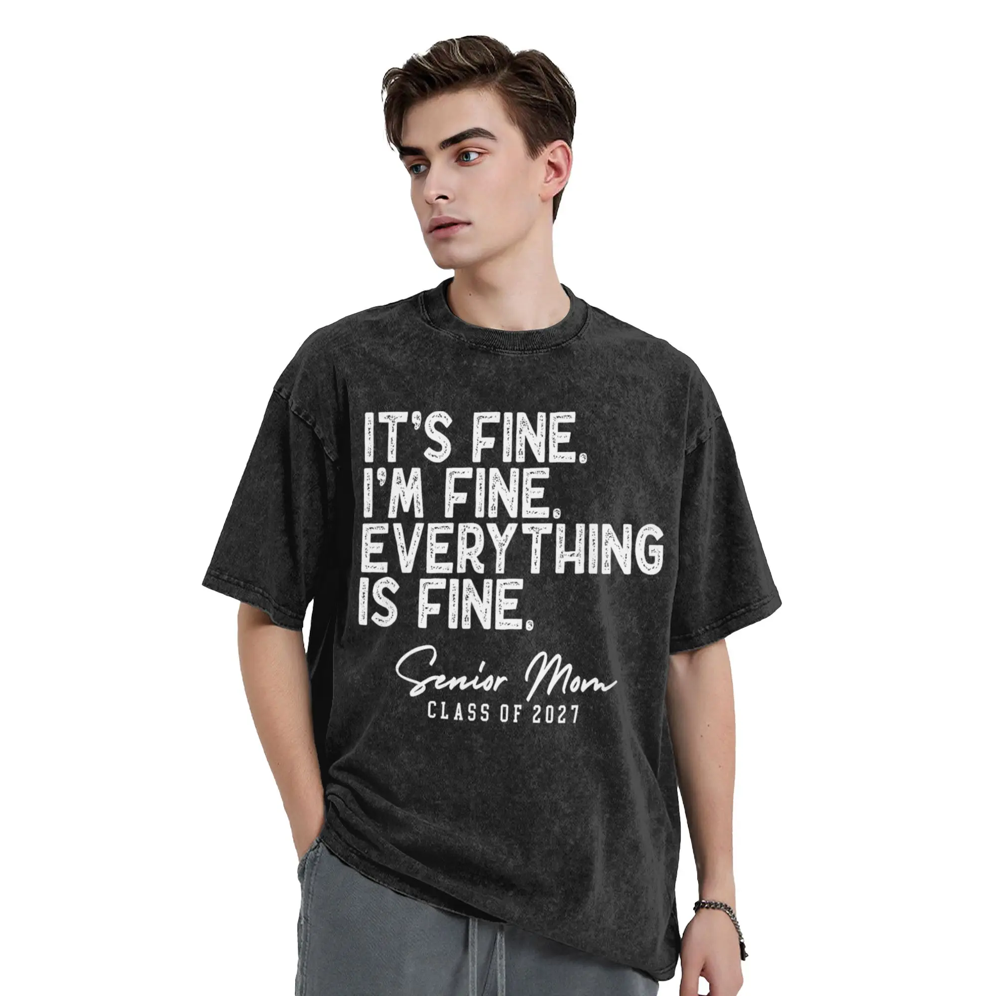 Vintage Retro I'm Fine Everything is Fine Senior Mom Class of 2027 T-Shirts Men Round Neck Cotton Washed  Clothing