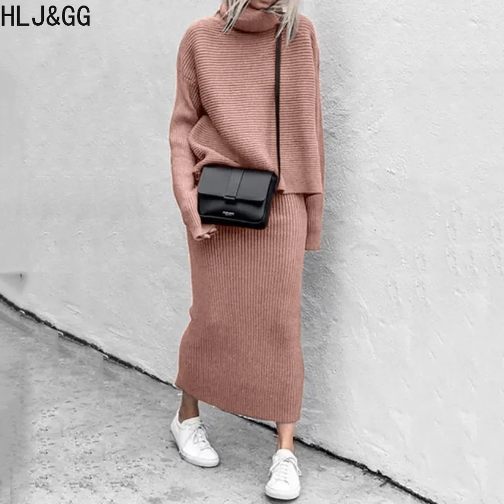 

HLJ&GG Autumn Winter Casual Sweater Two Piece Sets Women Turtleneck Long Sleeve Top And Skirts Outfits Female Solid 2pcs Clothes