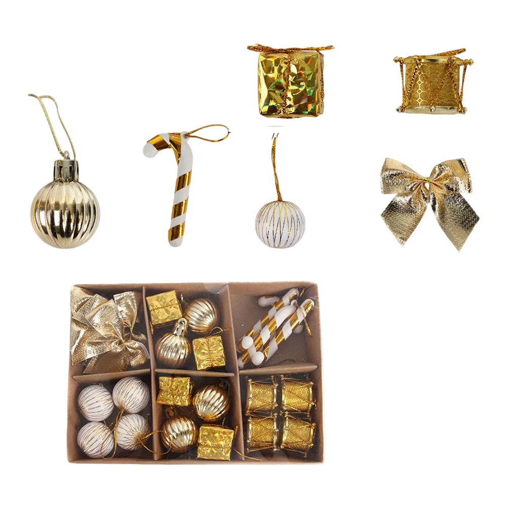 

Christmas Tree Decorations Set of 24 Gold Ornaments with Candy Canes Boxes Bows Drums and Balls for Holiday Decorating