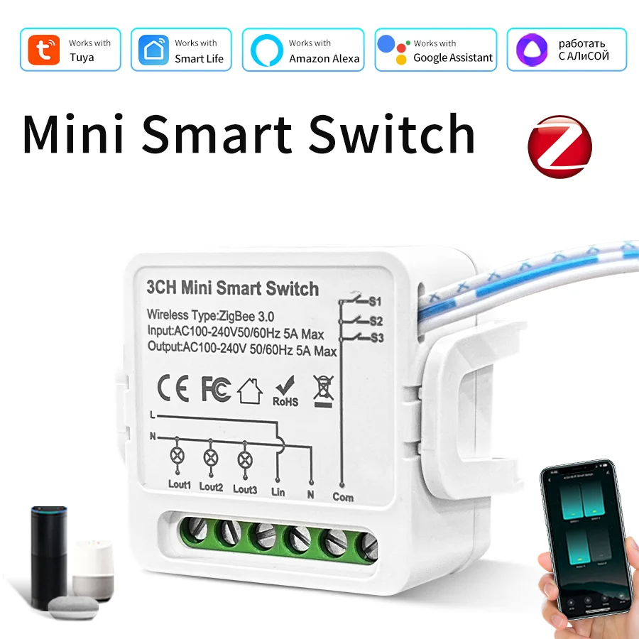

Zigbee 3.0 Smart Switch Tuya Smart Life App Remote 1/2/3 Channels 100-240V 16A/10A/5A Breaker Alexa Google Home Voice Control