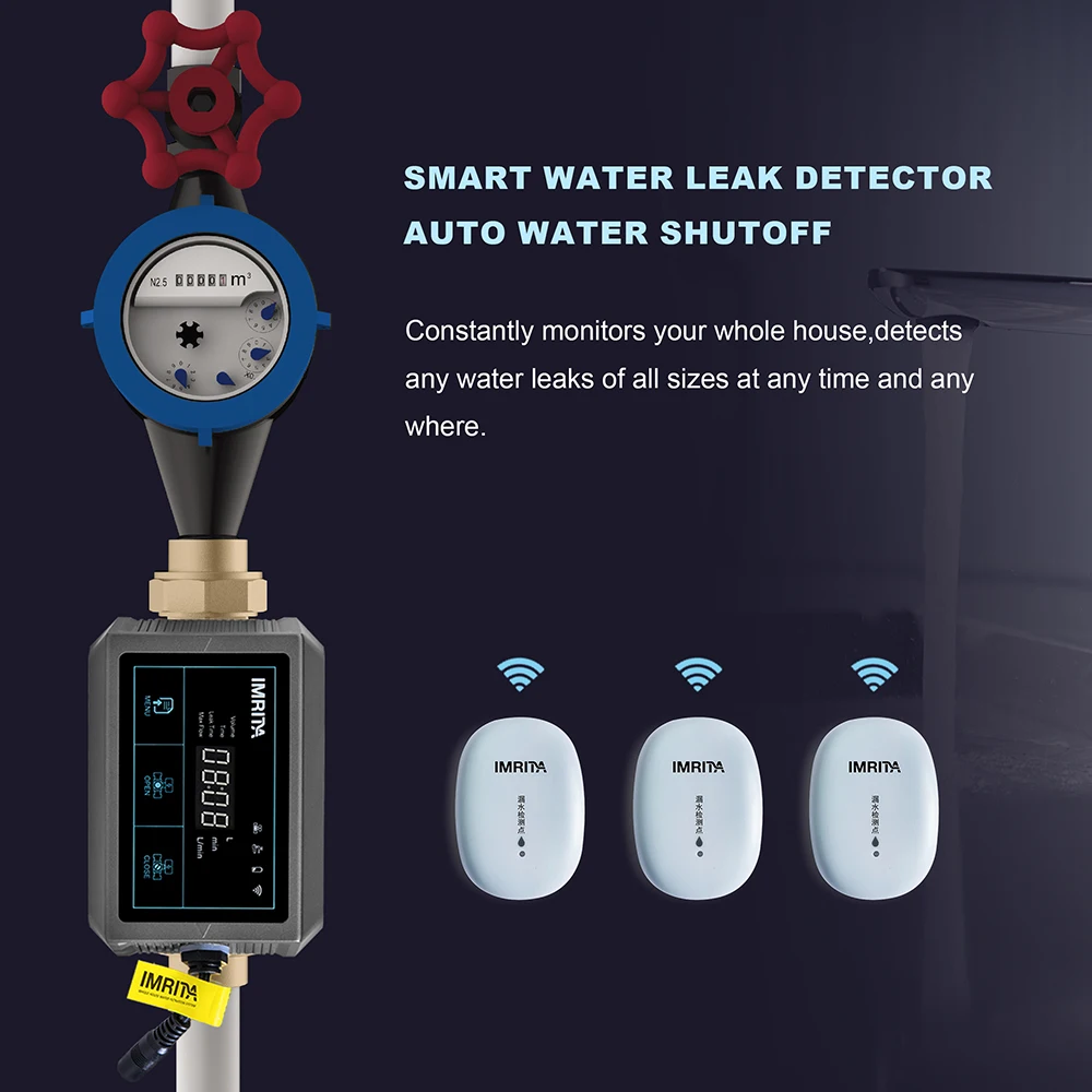 Imita monitor de água inteligente wifi app controle sensor de detecção de vazamento de água detector de vazamento de água com válvula de desligamento