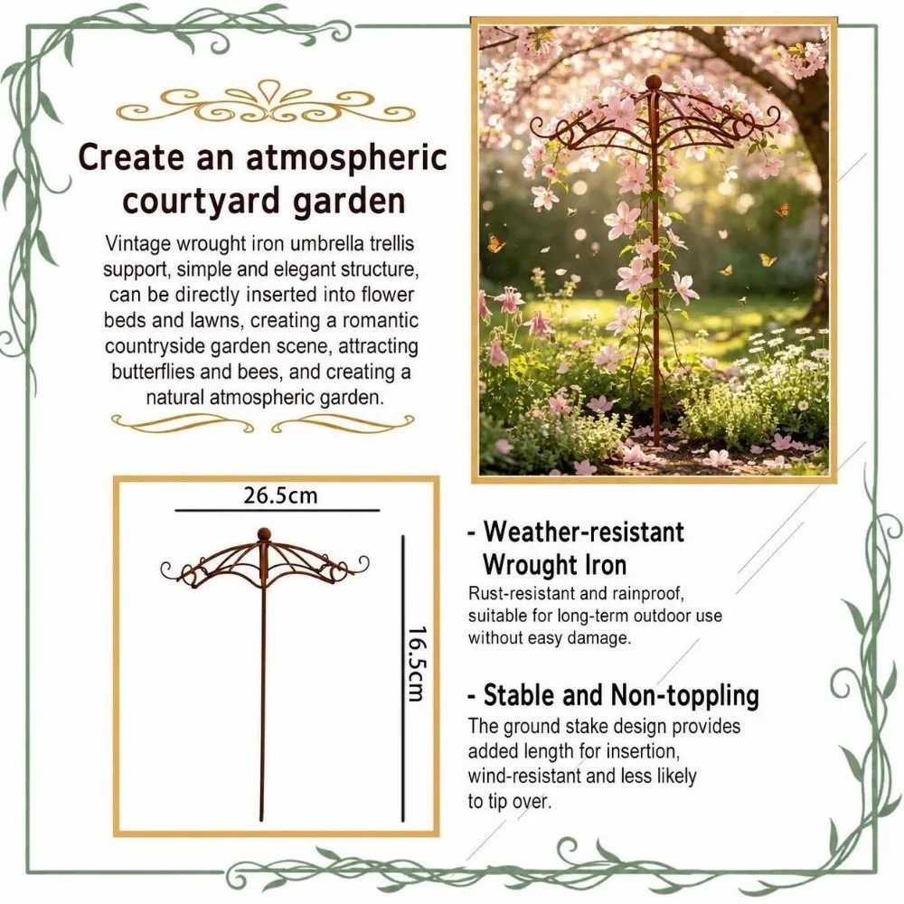 Umbrella Shape Garden Vine Frame Metal Material Rusted Finish Plant Support Retro Style Plant Climbing Frame For Climbing Plants