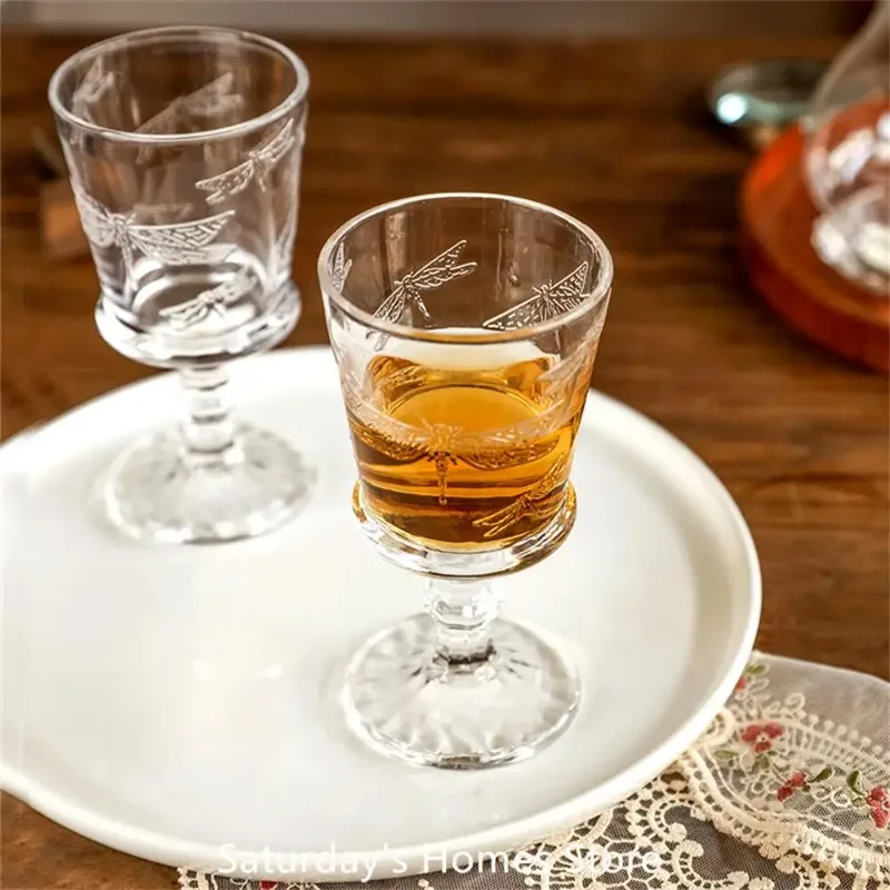 French Dragonfly Relief Glass Wine  Glass Wine Glass Thick Pressed juice Cup Girly ins Goblet Restaurant Personality Wine Glass