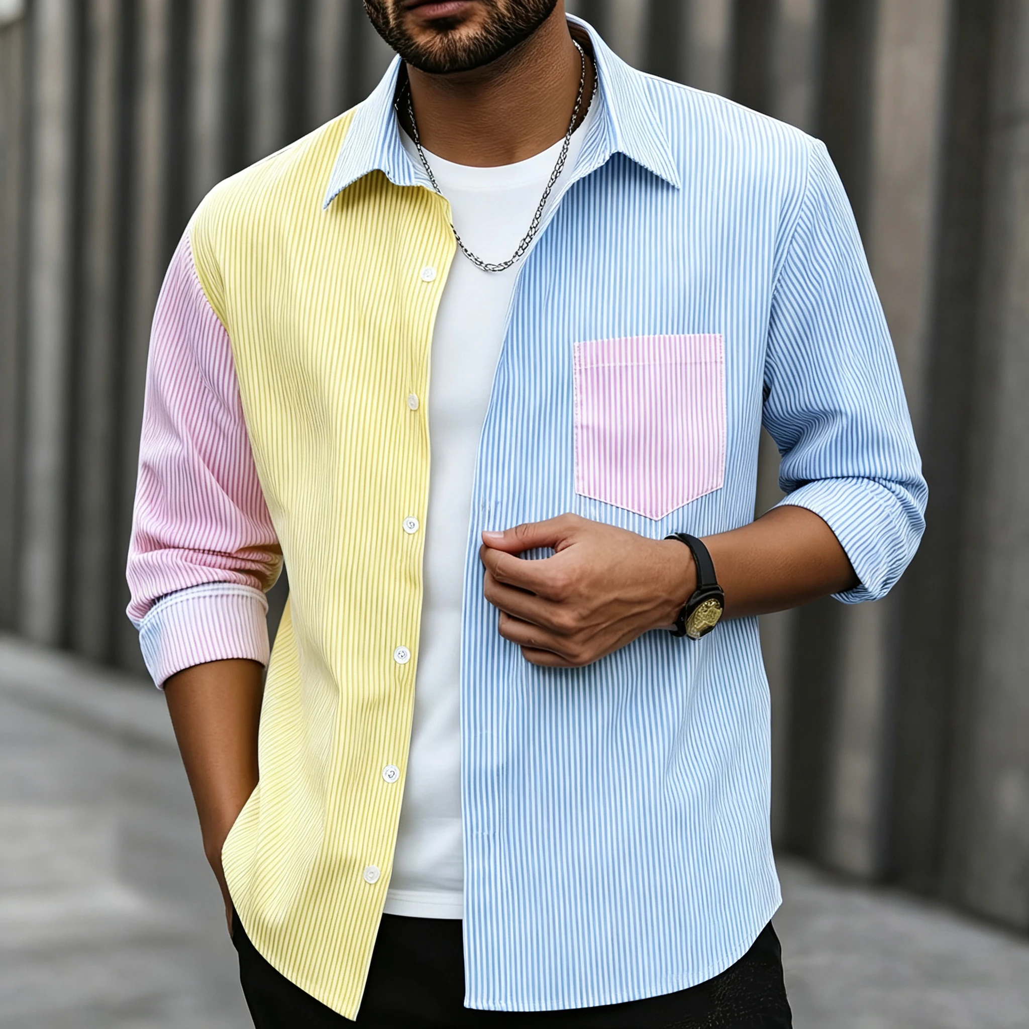 Three-Color Striped Color-Blocked Long-Sleeved Shirt, a Versatile and Trendy Top for Couples.