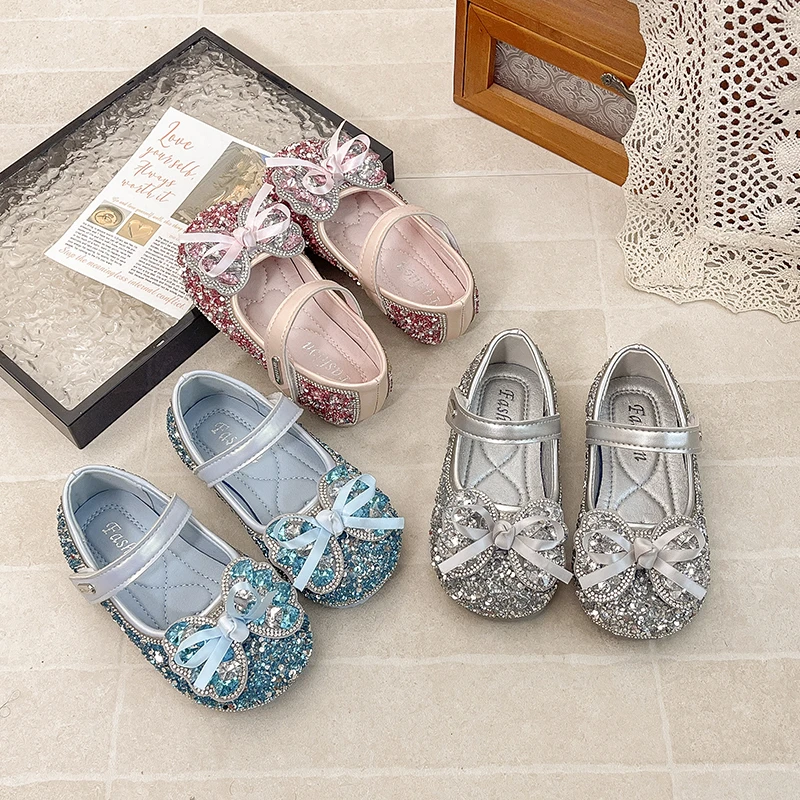 Girl's Princess Shoes Rhinestone Sparkly Bow-adorned Kids Dress Shoe Luxury Party Wedding Anti-skid Children Mary Janes 23-34