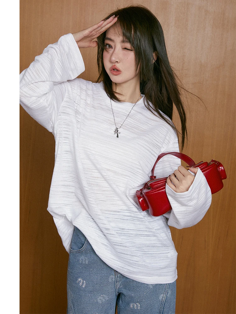 

MIUCO Lightweight Stripe Texture round Neck Loose Long Sleeve T-Shirt Comfortable Versatile Spring OL Style Pure Color Commute