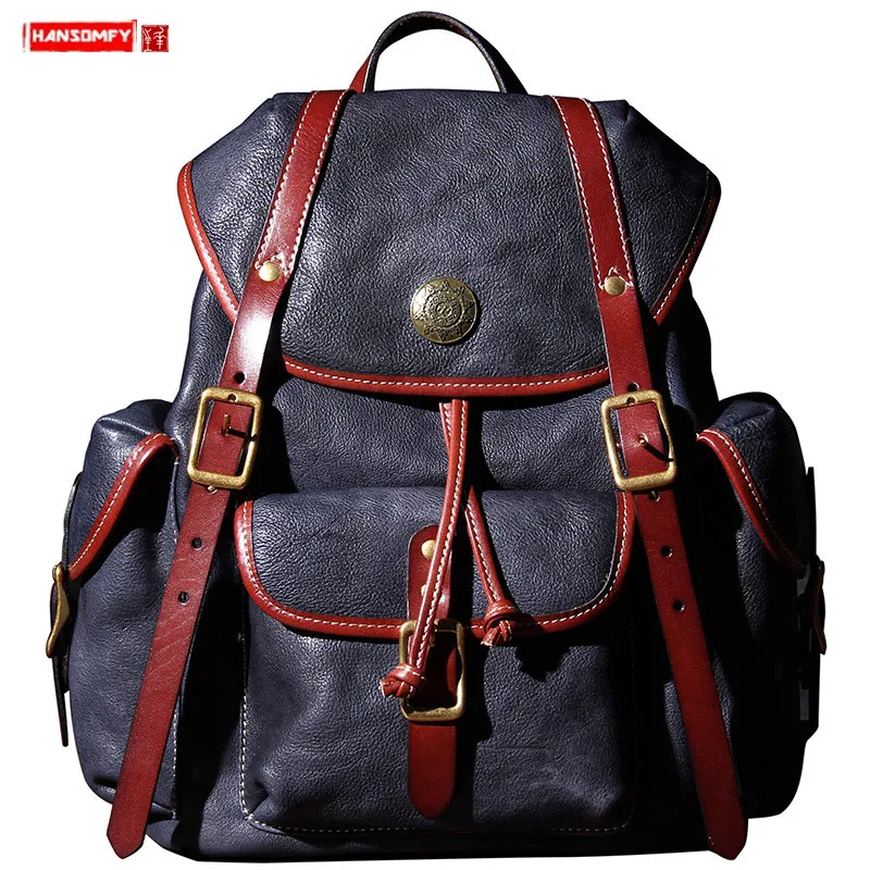 

New Genuine Leather Bag Men Backpack Male Backpack Vegetable Tanned Leather Schoolbag 2024 Cowhide Retro Handmade Original