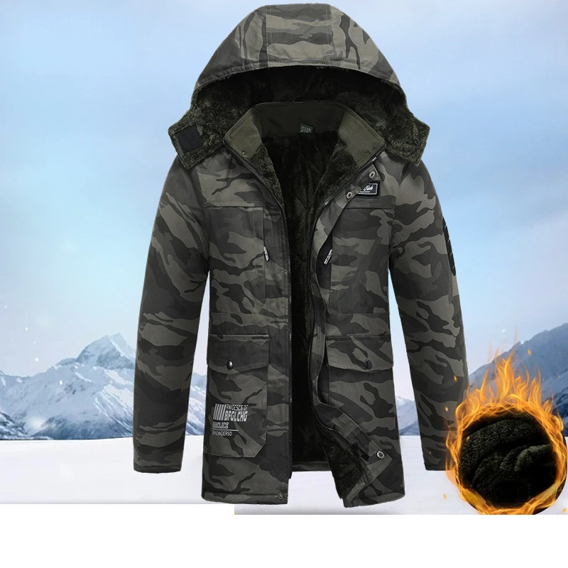 Men\'s Hooded Camouflage Cotton Jacket Plush Thickened Loose Cold Resistant Top Warmth Ironing Hombre Medium Length Training Suit