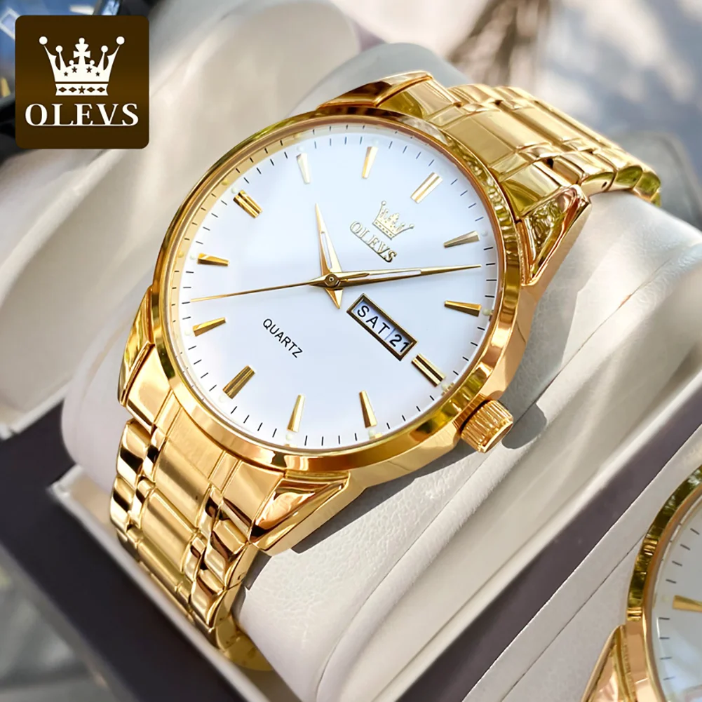 OLEVS Classic Gold Wrist Watches For Top Brand Luxury Business Date Waterproof Luminous Stainless Steel Men Quartz Wristwatch