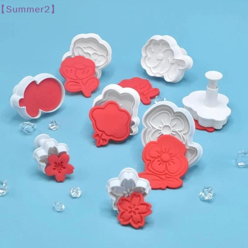 【Xia2】4Pcs/Set 3D Flower Pattern Plastic Biscuit Mold Cookie Cutter Stamp Fondant Embosser Die DIY Cake Decorating Tools {S}