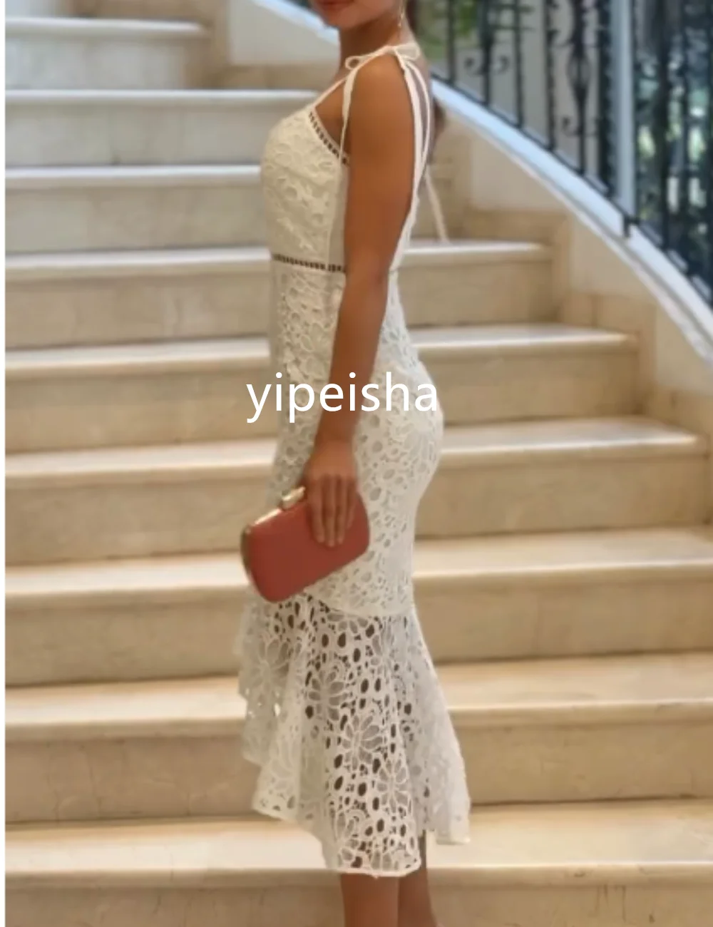 Customized Chinese Style Lace Trumpet V-neck Knee Length Dresses Homecoming  Retro Fashion Elegant Exquisite High Quality Sexy