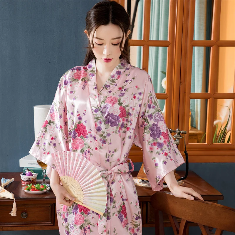 Soft Bathrobe Fashion Classic Printed Homewear Sexy Japanese Sleepwear Kimono Satin Nightgown V-neck Morning Gown Pajamas