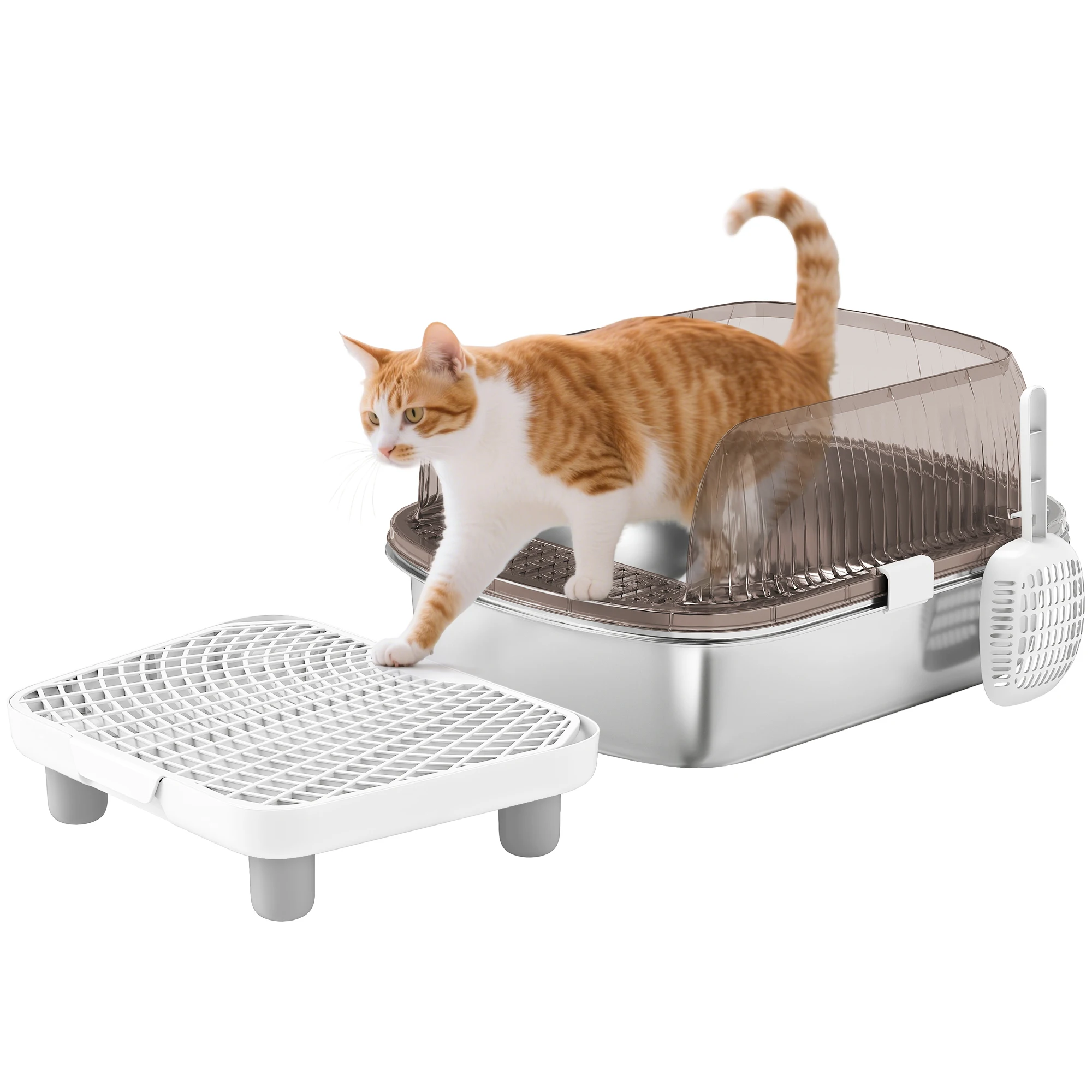 Pawhut kattenbak met deksel en roestvrijstalen bak, hoge randen, schep, opstap en zandopvang, grijs.