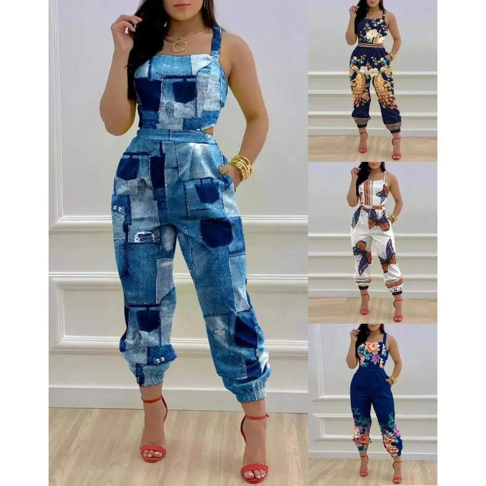

Women's High-Waisted Lace-Up Leg Cinching Jumpsuit Summer Thin Polyester Fiber Nine-Piece Pants Sle Commute No Brand
