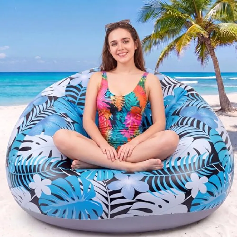1 Pack Hawaiian Inflatable Chair Tropical Leaf Blow Up Sofa, Portable PVC Lounge Seat for Beach Pool Camping Dorm Reading Movie