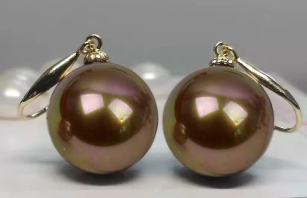 HUGE AAA 16 mm natural south sea Chocolate shell pearl earrings 14K Yellow Gold