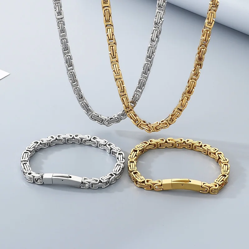 Stainless Steel Byzantine Chains Imperial Chain Magnetic Clasp Men's Necklace Bracelet Jewelry Set Silver 6mm / 8mm Wide KB20280